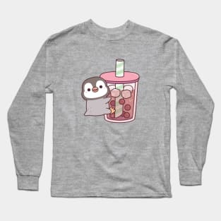 Cute Penguin Hugging Iced Bubble Tea Long Sleeve T-Shirt